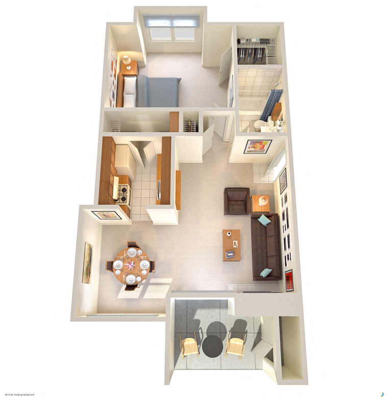 Floor plan for 1 bed, 1 bath, 623 sqft